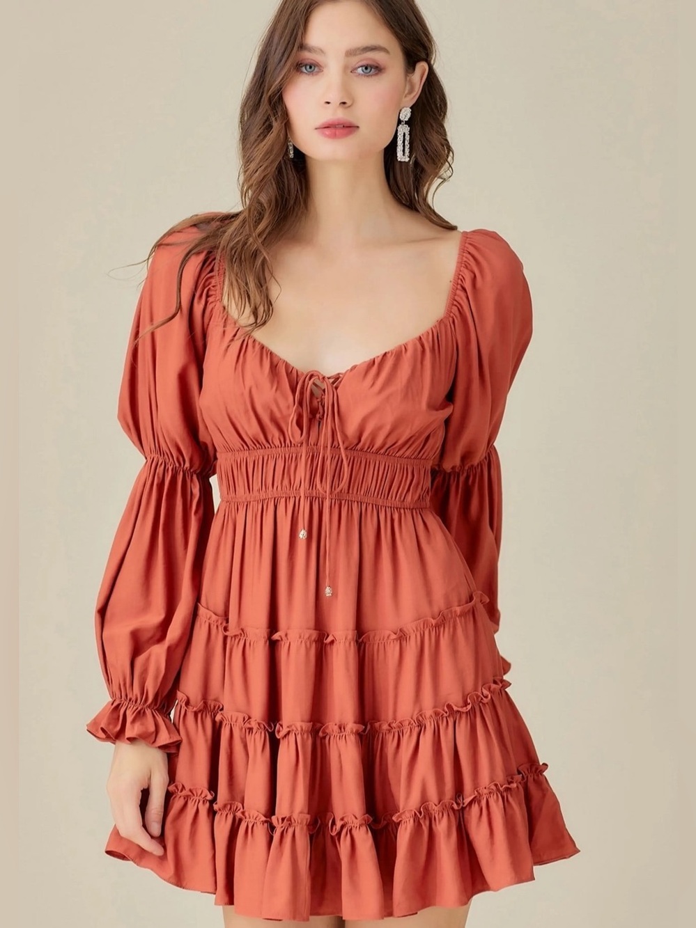 Mustard Seed | Orange Tiered Puff-Sleeve Mini Dress